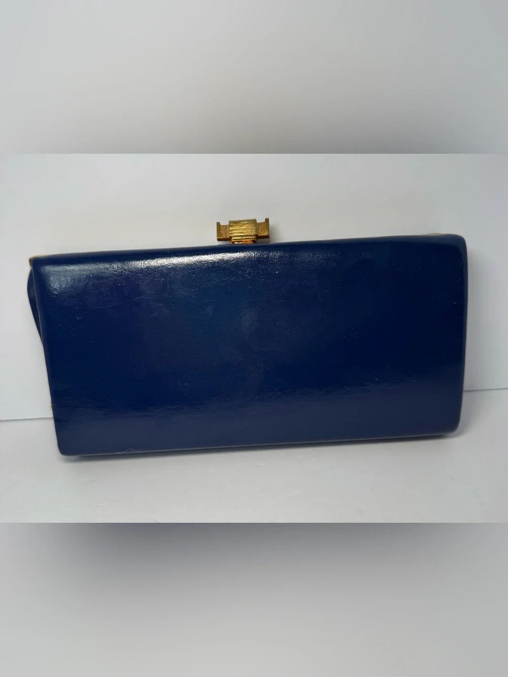 Vintage 1960s Elbief England Navy Blue Patent Box Clutch Bag Gold Clasp